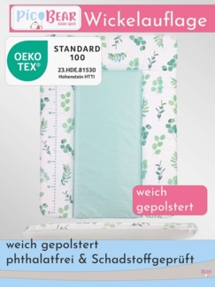 Wickelauflage HONEY | weiche Wickelunterlage | Öko-Tex 100 | abwaschbar und pflegeleicht (50x70 cm, Blätter grün)