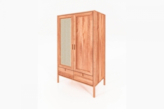 Kleiderschrank Zola Kernbuche massiv mit Rattan 108x175 mit 2 Türen 2 Schubladen