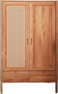 Kleiderschrank Zola Kernbuche massiv mit Rattan 108x175 mit 2 Türen 2 Schubladen