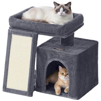 FEANDREA Kleiner Katzenbaum, Kratzbaum mit Kratzbrett, Katzenhöhle und Plattform, dunkelgrau