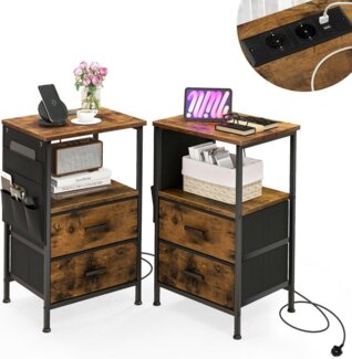 KOMFOTTEU Nachttisch (2-St), mit 2 Steckdosen und 2 USB-Anschlüssen