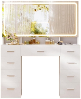 MSMASK Schminktisch mit LED Beleuchtung, XXL Spiegel-Kosmetiktisch mit Ladestation (1-St), 9 Schubladen, 105×40×140cm