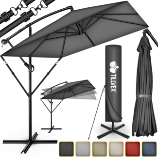 tillvex® Alu Sonnenschirm Rechteckig Ø 330 cm Grau + Abdeckung mit Kurbel | Ampelschirm Eckig mit Ständer & Windschutz | Gartenschirm UV-Schutz Aluminium | Kurbelschirm Marktschirm wasserdicht 360° drehbar