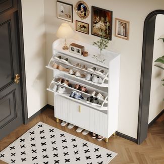 Schuhregal mattweiß mit gold Metallfüßen, verstellbare Regale, Ablagefläche, stabiler MDF-Schuhschrank