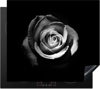 MuchoWow Herd-Abdeckplatte Blumen - Schwarz - Rose - Weiß - Botanisch, Vinyl, (1 tlg), Küche Herdabdeckplatte Ceranfeld Vinyl Einteilig, 59x52 cm