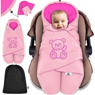 KIDIZ® Baby Einschlagdecke Winter mit Kapuze +Tasche Babyeinschlagdecke Universal für Babyschale, Autositz, z.B. für Maxi-Cosi, Römer für Buggy Babybett Kinderwagen & alle Gurtsysteme 3 & 5-Punkt Gurt Rosa / Pink