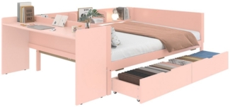 HAUSS SPOLE Holzbett 140x200 cm Flachbett mit Schreibtisch, 2 Schubladen, Regalen, Rosa (mit 2 Schubladen & Regalen, mit Schreibtisch, 140x200 cm, Doppelbett für kleine Räume, Kiefer & MDF, ideal für Jugend- & Gästezimmer), ohne Matratze