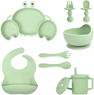 Silikon-Babygeschirr-Set mit Saugnäpfen, 8-teiliges Set, Kinder-Essgeschirr-Set, beinhaltet rutschfeste Teller, Schüsseln, Becher, Löffel und Gabeln, BPA-frei (grün).