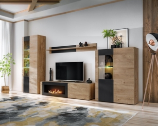 ASM-Moebel Wohnwand Wohnwand ARON-K mit Rillenfront und Bio Ethanol Kamin LED Push Click, Mit Bio-Ethanol Kamin, Led Beleuchtung und Push-Click System.