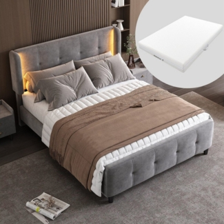 HAUSS SPOLE Polsterbett 140x200cm mit LED-Leisten, höhenverstellbares Kopfteil, Samt, Grau (Stauraum im Wohnzimmer und Schlafzimmer, MDF, Samt), Samt 140x200 cm,Inklusive Matratze