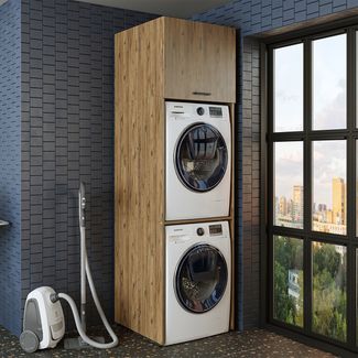 Roomart Waschmaschinenschrank SERIE DUO 2 – Überbauschrank für Waschmaschine & Trockner – Platzsparender Waschturm-Schrank mit 55 cm Klappschrank • Eiche