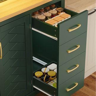 i@home Hochschrank Küchenschrank Landhausstil, 4 Türen, mit LED-Lichtleiste & Getränkehaltern