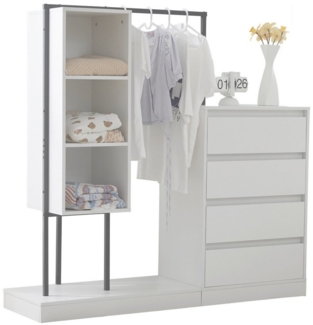 Merax Garderoben-Set mit mehrere Stauraumzonen, (Kleiderschrank, Kleiderstange und Schubladenschrank mit 4 Schublade), Kleiderschrank-Set, B140/W40/H135cm, weiß