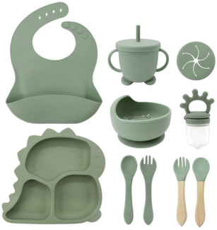 Kindergeschirr-Set mit Dinosaurier-Motiv, Schüssel aus lebensmittelechtem Silikon, Babygeschirr für die Beikostvorbereitung, mit Fächern - dunkelrosa.