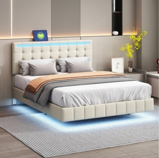 LuxeLiving Polsterbett Doppelbett Jugendbett (Mit 2 USB-Ladeschnittstelle), mit LED Beleuchtung und Lattenrost, Leinen, 140x200 cm