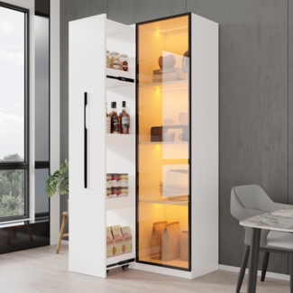 Merax Vitrine, Multifunktionsschrank 160 cm – Bücherregal und Vitrine mit Türen aus gehärtetem Glas, mit 1 Tür, 1 seitliche Schublade, mit Rollen und LED-Beleuchtung, Weiß