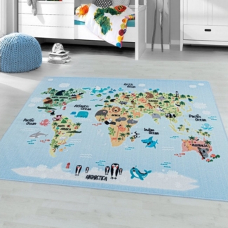 Ayyildiz Teppiche Kinderteppich PLAY 2917, rechteckig, Höhe: 6 mm, robuster Kurzflor, bunte Weltkarte, Weltmeere, Tiere, Kinderzimmer