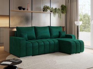 Universelles Ecksofa in Streifen genäht mit Schlaffunktion und Bettkasten, modern Stil - KIRASSO - Dunkelgrün Velvet