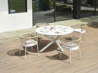 Vente-unique - Garten-Essgruppe: Tisch ausziehbar 150/200 cm + 4 Sessel aus Metall & Seilen - Aluminium - Beige & Weiß - PISTO von MYLIA