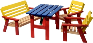 dobar® 94370FSC Kinder Outdoor Sitzgruppe 4 Plätze | 1 Bank, 2 Stühle, 1 Tisch | Picknickgarnitur für Kinder | Kindersitzgruppe Massivholz für Garten/Terrasse | Wetterfest Kindersitzgarnitur | Bunt