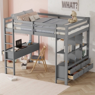 Flieks Hochbett Kiefer Kinderbett mit Schreibtisch & Stauraumregal 140x200 cm