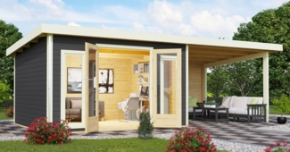 Gartenhaus Radeburg 2 - 369x309 cm plus Anbaudach 3,30m mit Rückwand, 40 mm Holz terragrau, Karibu