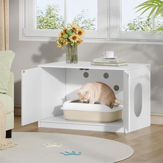 Katzenklo Schrank, Versteckte Katzentoilette Möbel, Katzenschrank mit Drucktüren und Belüftungslöchern, Minimalistisches Katzenhaus, Wohnzimmer, 80 x 50 x 51,5 cm, Weiß