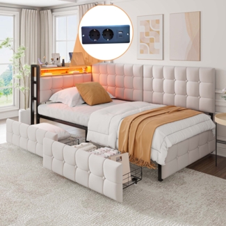 Merax Daybett Polsterbett Schlafsofa 90x200cm mit 2 Schubladen USB/Typ-C-Anschluss, Beige
