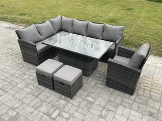 Fimous Gartenmöbel Set aus Polyrattan für den Außenbereich Höhenverstellbarer Esstisch Sofa Set mit 2 kleine Fußhockern Sesseln Dunkelgrau gemischt