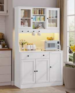 MSMASK Küchenbuffet Küchenschrank Sideboard mit LED, Arbeitsplatte,Schubladen Verstellbaren Ablagen, Großer Stauraum, Weiß, 180cm hoch