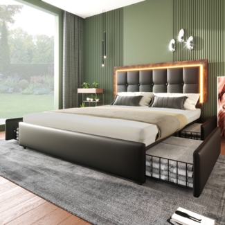Polsterbett 160x200 cm aus PU mit LED-Beleuchtung und 4 Schubladen, verstellbares Kopfteil, Stauraum‑Design