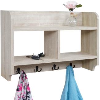 Wandgarderobe HWC-C68, Garderobe Regal, 4 Haken 2 Regalfächer, 41x60x19cm 3D-Struktur ~ Eiche-Optik