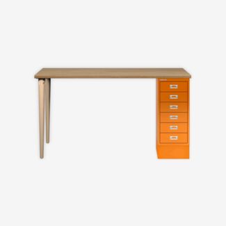 MultiDesk, 2 Eichenfüße, 1 MultiDrawer mit 6 Schüben, Dekor natürliche Eiche, Farbe Orange, Maße: H 740 x B 1400 x T 600 mm