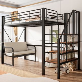 Merax Hochbett, Etagenbett (90 x 200 cm ) Jugendbett, Kinderbett mit stabilem Metallrahmen, Hochbett mit abnehmbarem Polstersofa, Stauraum und Sicherheitstreppe, Schwarz