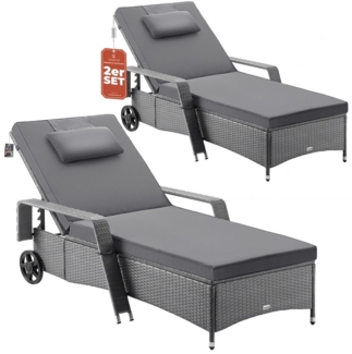 Casaria Gartenliege, 2x Sonnenliege 165kg Belastbar inkl. 7cm Auflage Rollen Polyrattan