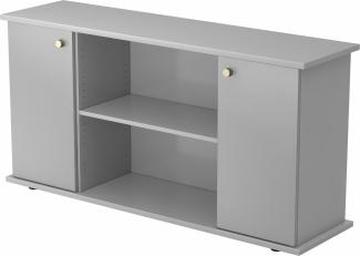 bümö Sideboard Grau/Silber mit Flügeltüren & Regal - Büromöbel Sideboard Holz 166cm breit, 45cm schmal, Büro Schrank für Flur oder als Wohnzimmer-Kommode mit Streifengriff, SB2T-5-S-SG