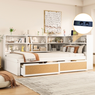 Multifunktionales Massivholz-Schlafsofa mit USB-Anschluss und Stauraum, Einzelbett 90x200 cm, Weiß, mit Rattan-Design