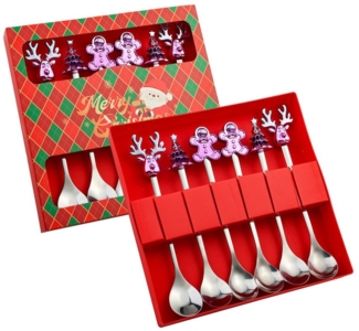 Coonoor Geschirr-Set 6 Stück Weihnachtslöffel Weihnachten Edelstahl Dessert Kaffeelöffel, Mit Weihnachtsbaum, Rentier, Weihnachtsmann und Lebkuchen dekoriert