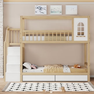 Merax Kinderbett Etagenbett 90x200cm mit Fenster, 2 Schubladen und Stauraumtreppe, holzfarbe