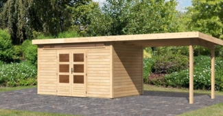 Gartenhaus Kandern 7 - 364x244 cm inkl. Anbaudach 3,20m, 28 mm Holz naturbelassen, Karibu
