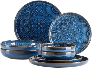 Modernes Vintage Geschirr Set fr 2 Personen in maurischem Design, 8-teiliges Tafelservice mit Tellern und Schalen aus hochwertiger Keramik; Form Uno; Blau