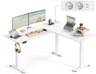 VASAGLE Höhenverstellbarer Schreibtisch elektrisch, L-förmiger Eckschreibtisch, 140 x 160 cm, mit Ladestation, Memory-Funktion mit 2 Höhen, für Homeoffice, wolkenweiß-mattweiß