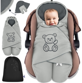 KIDIZ® Baby Einschlagdecke Winter mit Kapuze +Tasche Babyeinschlagdecke Universal für Babyschale, Autositz, z.B. für Maxi-Cosi, Römer für Buggy Babybett Kinderwagen & alle Gurtsysteme 3 & 5-Punkt Gurt Grau / Anthrazit