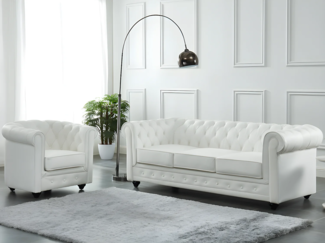 Vente-unique - Ledersofa 3-Sitzer + Ledersessel - Büffelleder - Weiß - CHESTERFIELD
