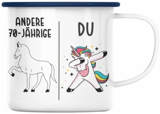Trendation Thermotasse Trendation - 70. Geburtstag Frauen Emaille Tasse Einhorn Geschenk Gesc