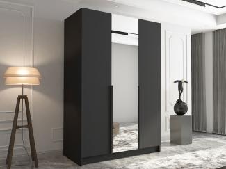 Drehtürenschrank Cikzori II, Kleiderschrank mit 3 Türen, Frontspiegel (Farbe: Schwarz)