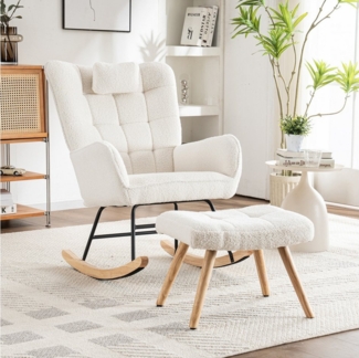 STILVORA Schaukelstuhl mit hocker Schaukelsessel mit Kopf,Relaxsessel aus Teddy-Samt,Weiß (Loungesessel, 2 St), mit stabiles Gummifußgestell, Kopfkissen und Fußhocker