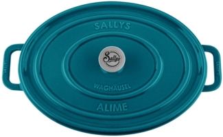 Sallys Bräter Vielseitiger Gusseisentopf ALIME, oval für Brot, Braten & Schmoren, Vollgusseisen mit hochwertiger Emaille-Beschichtung (Schmortopf mit Deckel, inklusive Noppen-Deckel, langlebig & ofenfest bis 250 °C), Gusseisenbräter, 36,5 × 26 cm / Vol...