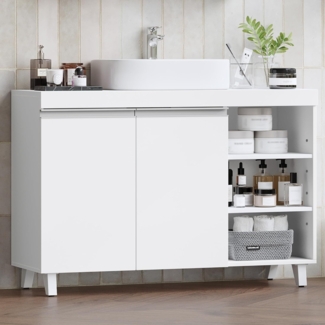 Waschbeckenunterschrank, Badezimmerschrank mit 2 Türen und 3 offene Fächer, Badezimmer Unterschrank, verstellbare Ablagen, freistehender Waschtischunterschrank, 30 x 90 x 64 cm, Weiß