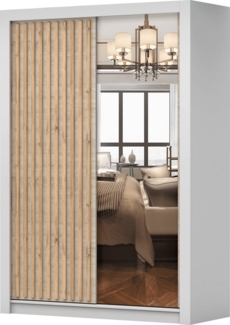 MOEBLO Kleiderschrank LINX (Moderner Schwebetürenschrank mit Holzlamellen und Spiegel, Schiebtüren, Garderobe für Schlafzimmer und Wohnzimmer, in 150 cm, 200 cm und 250 cm erhältlich)